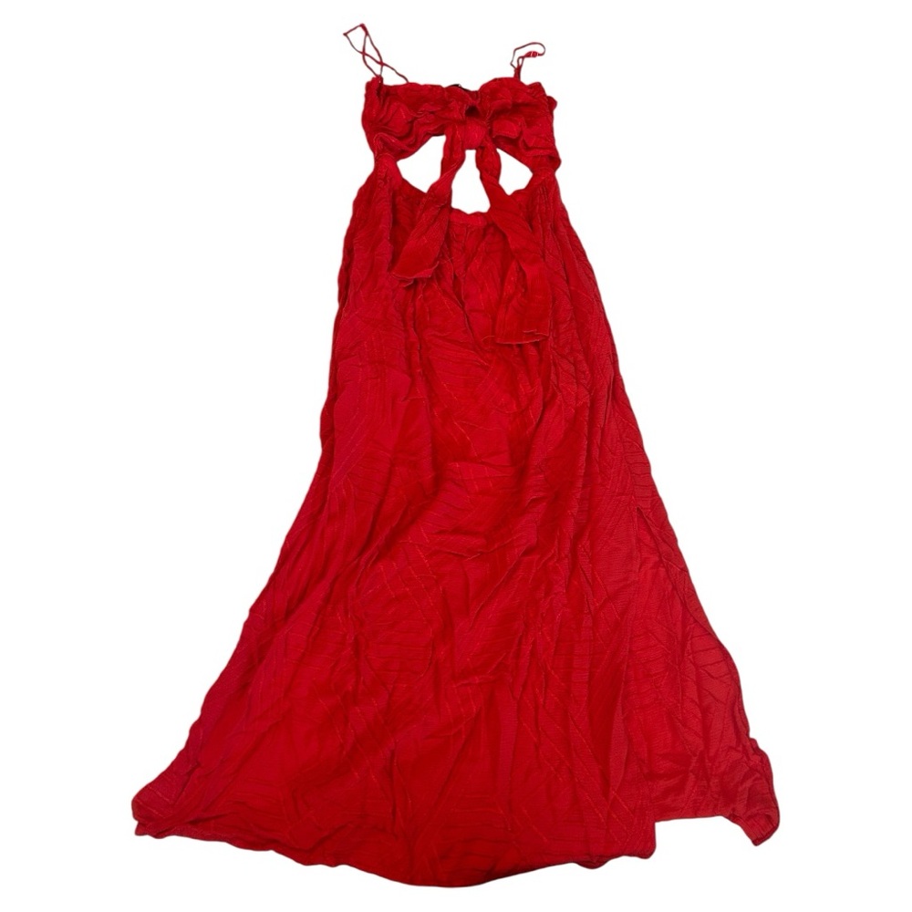 Olivaceous red maxi dress textured striped fabric cut out bust tie